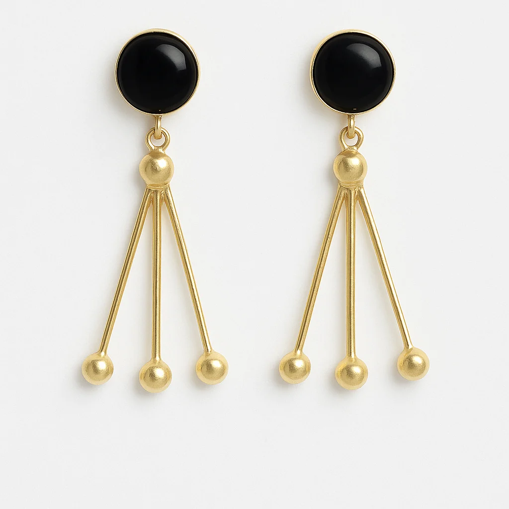 Gold Tone Monalisa Black Stone Earrings