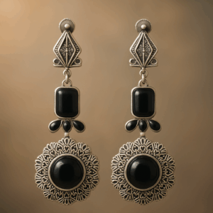 Antique Black Silver Toon Flower Drop Earrings