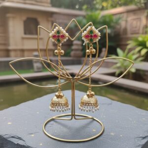Traditional Kemp Stone Long Chain Jhumka Earrings