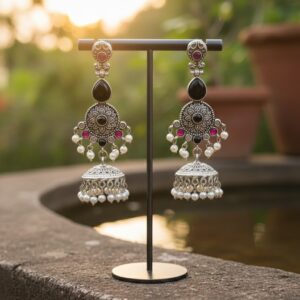 Vintage german Silver Jhumkas with Ruby & Onyx Accents