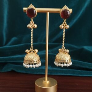 Elegant Maroon Cabochon Long Chain Jhumka Earrings